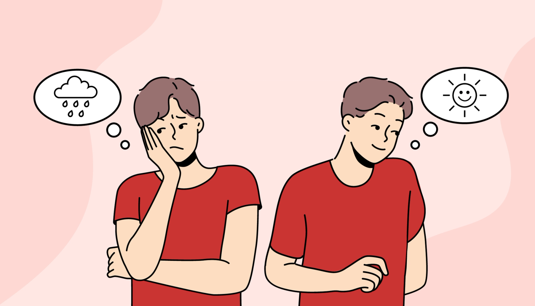 Illustrasjon som viser to versjoner av samme student: én nedstemt og én mer håpefull, som symboliserer endring i humør og mestring.