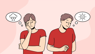 Illustrasjon som viser to versjoner av samme student: én nedstemt og én mer håpefull, som symboliserer endring i humør og mestring.