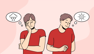 Illustrasjon som viser to versjoner av samme student: én nedstemt og én mer håpefull, som symboliserer endring i humør og mestring.