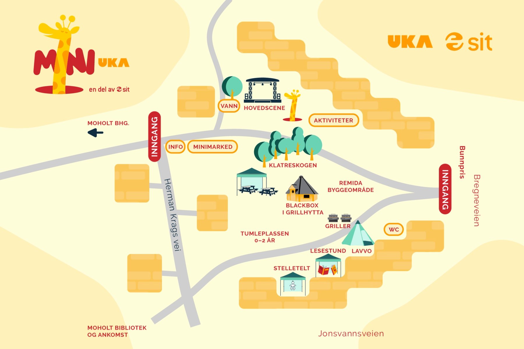 Illustrert kart over MiniUKA-festivalen på Moholt. Kartet viser innganger fra Herman Krags vei og Bregneveien. Inne på området finner man hovedscene, aktivitetsområde, minimarked, klatreskog, Remida byggeområde, tumleplass for 0–2 år, lesestund, lavvo, grillområde, Blackbox i grillhytta, stellerom, toaletter og vanntilgang.