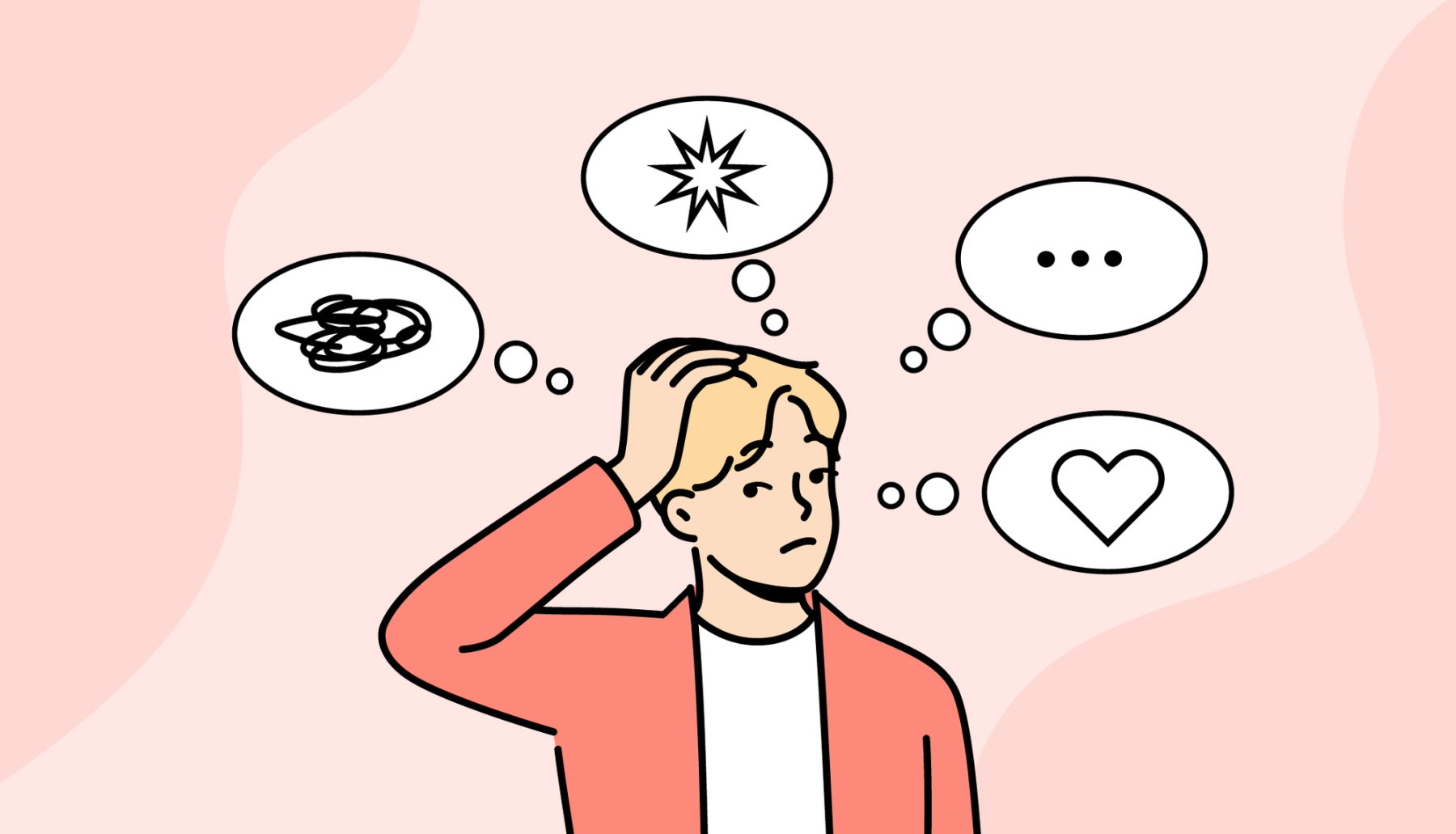 Illustration of a student holding their hands to their head, surrounded by thought bubbles showing worry, emotions and mental clutter.