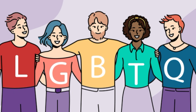 Illustrasjon av en gruppe studenter som står sammen og symboliserer fellesskap, mangfold og inkludering.