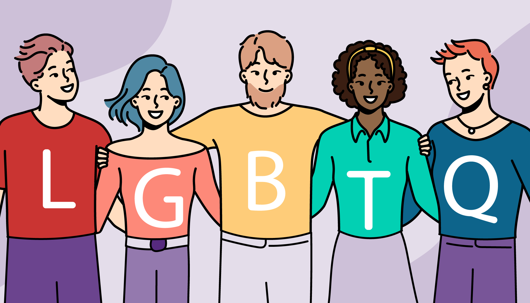 Illustrasjon av en gruppe studenter som står sammen og symboliserer fellesskap, mangfold og inkludering.