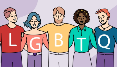 Illustrasjon av en gruppe studenter som står sammen og symboliserer fellesskap, mangfold og inkludering.