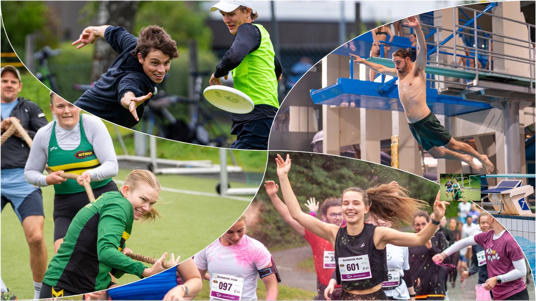Studenter som er med på frisbee, tuftechallenge, dødsting og color run, alt en del av Aktiv Campus