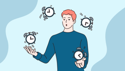 Illustrasjon av student som sjonglerer klokker, som symboliserer tidspress og stress i studiehverdagen.