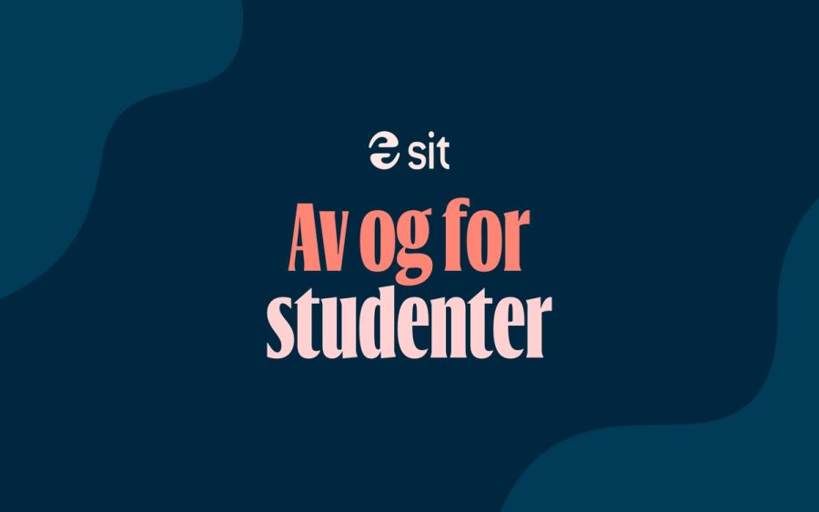 Mørkeblå grafisk bakgrunn med Sit-logo og teksten «Av og for studenter» i rosa og korallfarget skrift.