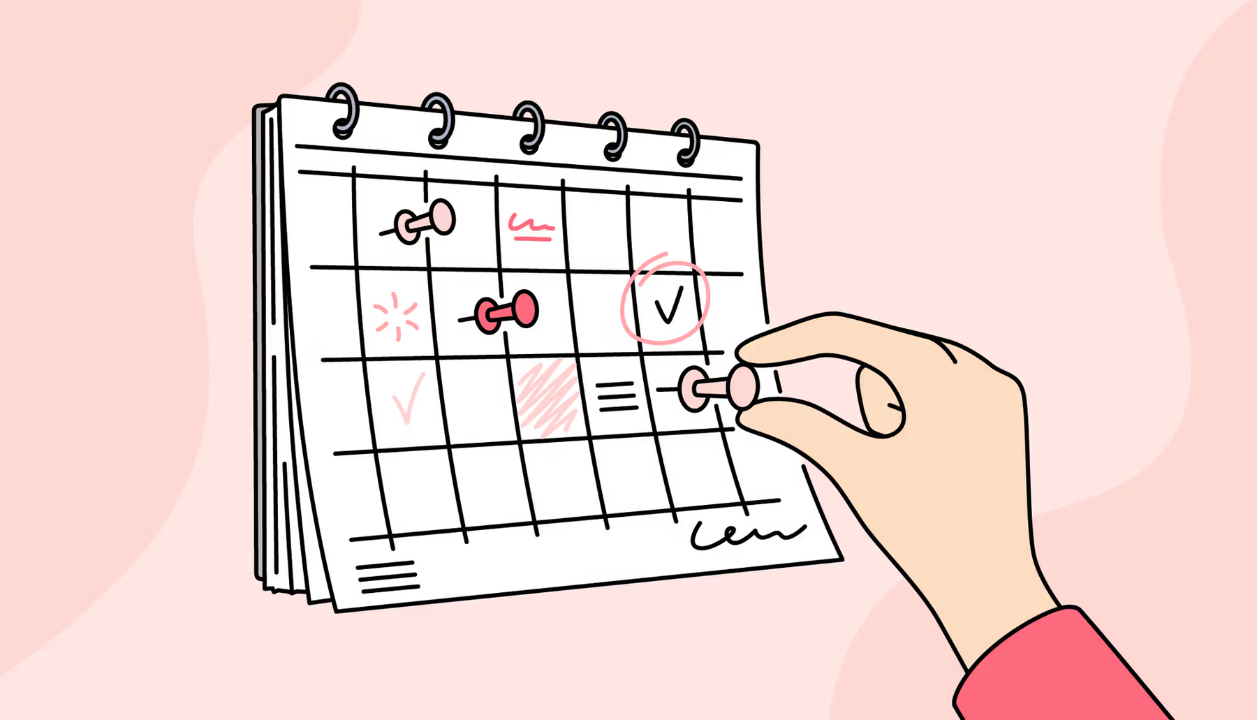 Illustrasjon av en hånd som markerer oppgaver i en kalender, som symboliserer planlegging, struktur og oversikt.