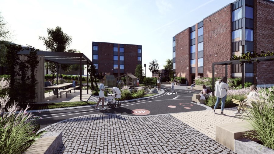 Illustrasjon av hvordan Familietunet skal se ut. På bakken rundt et grøntområde med en pergola,er det en oppmerket lekebane for barn. Familier bruker området.