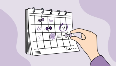 Illustrasjon av en hånd som markerer oppgaver i en kalender, som symboliserer planlegging, struktur og oversikt.