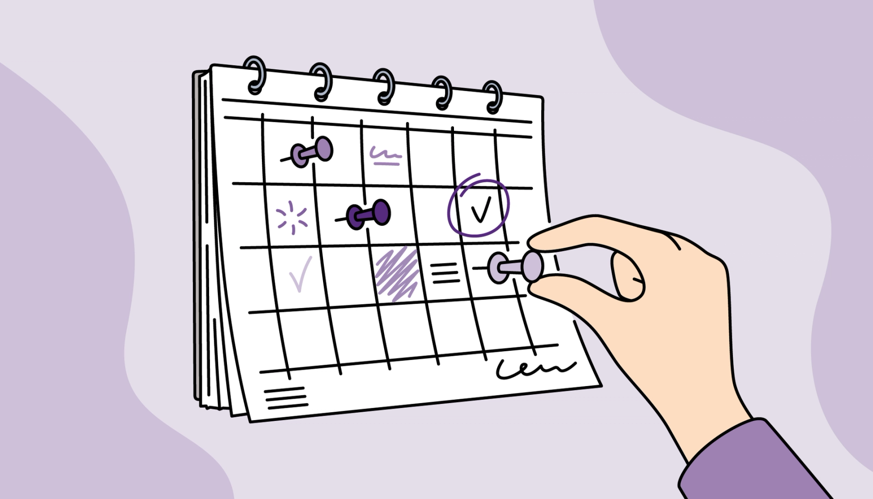 Illustrasjon av en hånd som markerer oppgaver i en kalender, som symboliserer planlegging, struktur og oversikt.