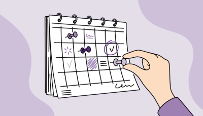 Illustrasjon av en hånd som markerer oppgaver i en kalender, som symboliserer planlegging, struktur og oversikt.