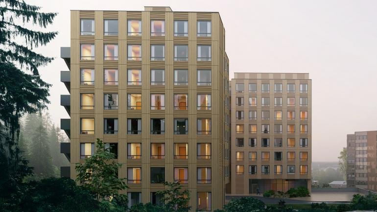 Illustration of Heimdals gate 16 and 18 in Røverdalen student village