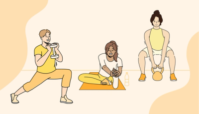Illustration of three students working out, symbolising supportive and social training.