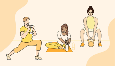Illustration of three students working out, symbolising supportive and social training.