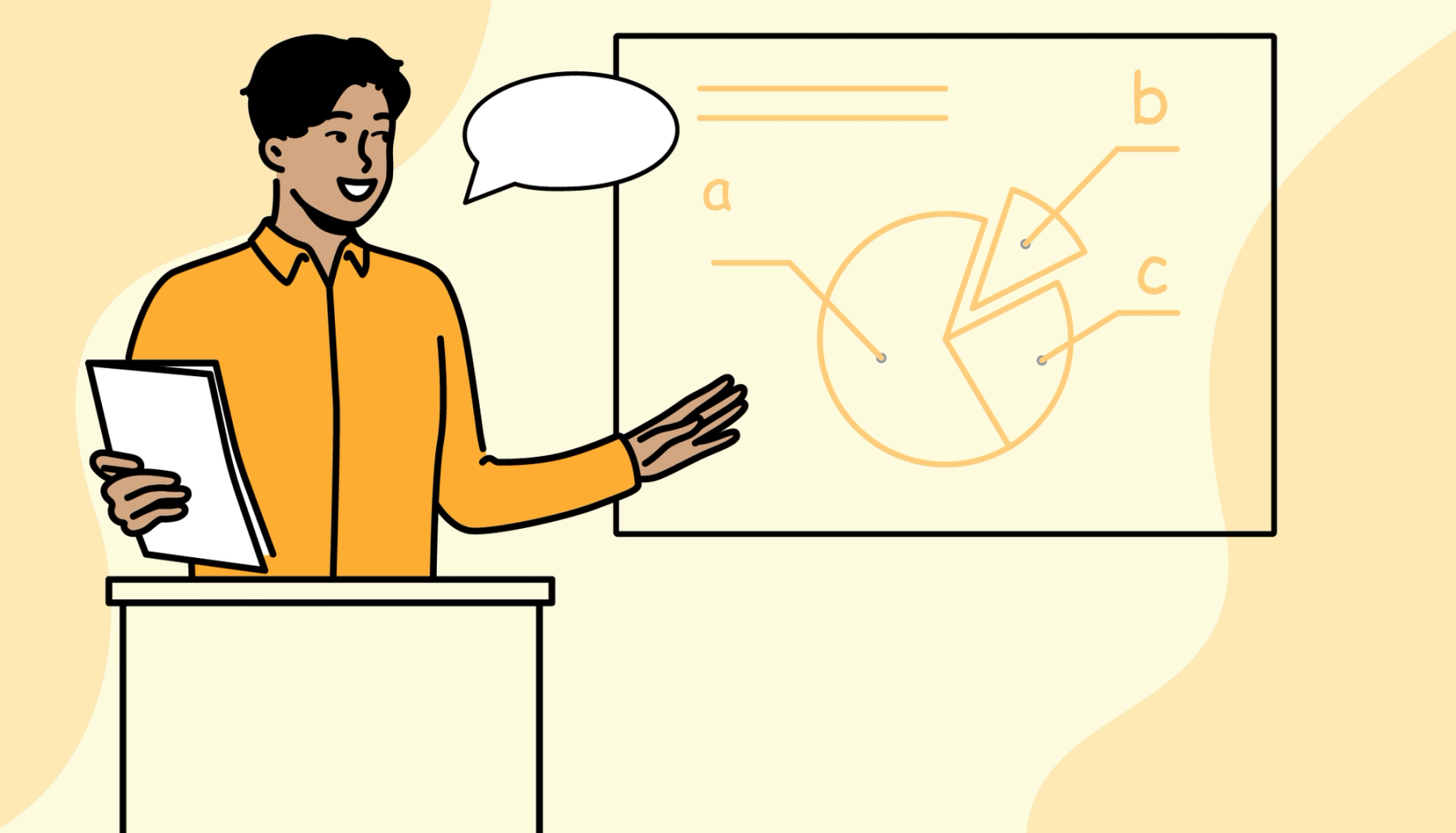 Illustrasjon av en person som holder en presentasjon foran en skjerm med diagrammer.