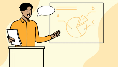 Illustrasjon av en person som holder en presentasjon foran en skjerm med diagrammer.