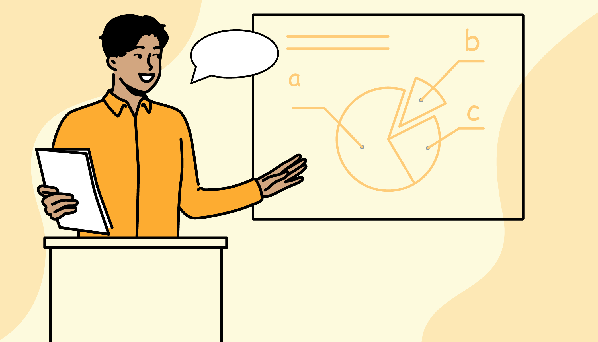 Illustrasjon av en person som holder en presentasjon foran en skjerm med diagrammer.