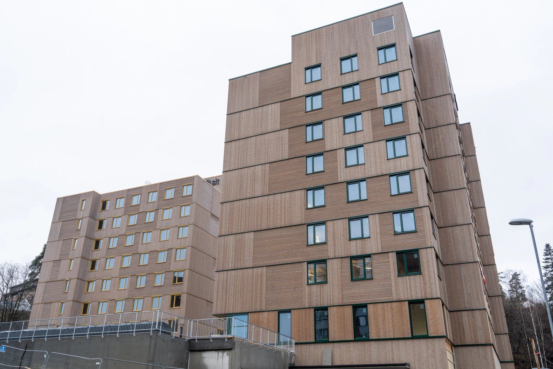 The picture shows Heimdals gate 16 and 18 in Røverdalen student village