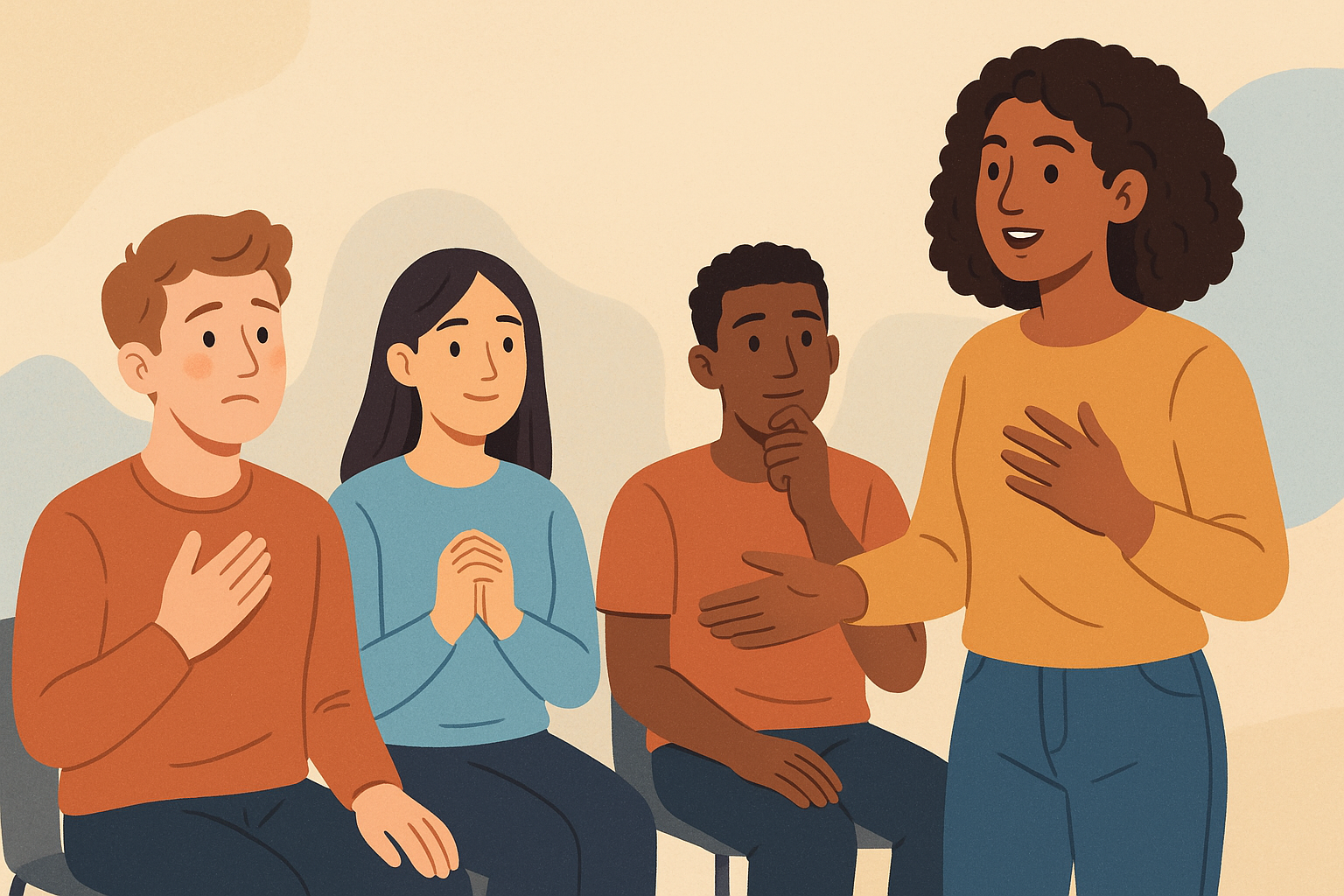 Illustration of a student raising their hand and speaking, symbolising speaking up in a group.