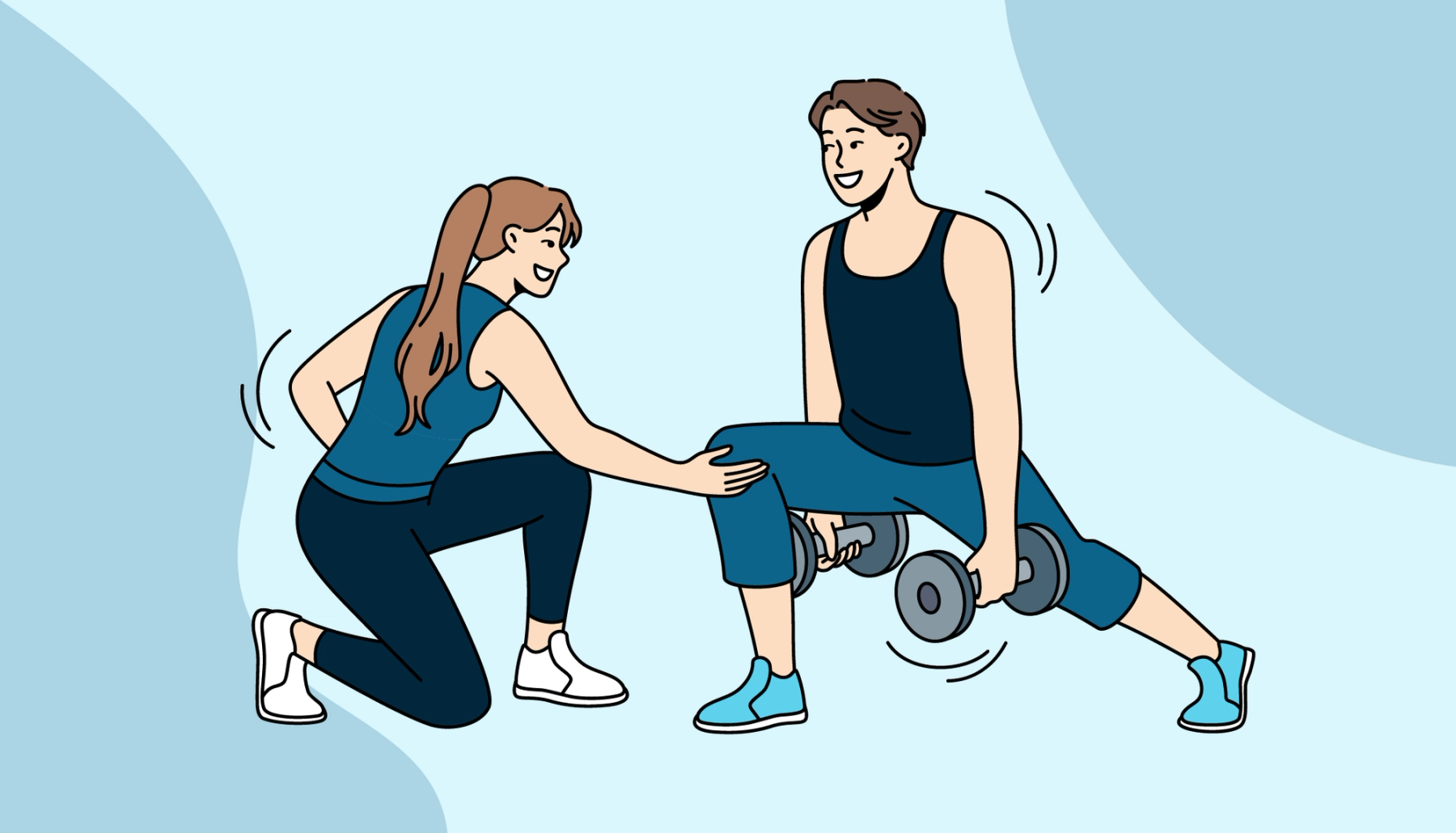Illustration of a student receiving guidance from an instructor during simple strength training at a gym.