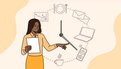 Illustrasjon av student som peker på en klokke omgitt av studie- og hverdagsoppgaver, som symboliserer tidsplanlegging.