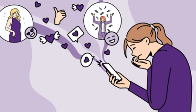 Illustrasjon av kvinnelig student som ser på mobilen, omgitt av symboler for kroppspress, sosiale medier og selvbilde.