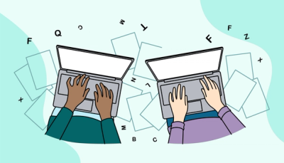 Illustrasjon av to studenter som skriver på pc