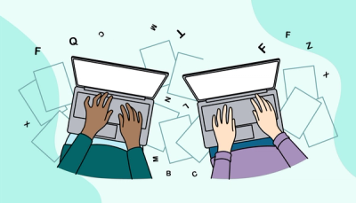 Illustrasjon av to studenter som skriver på pc