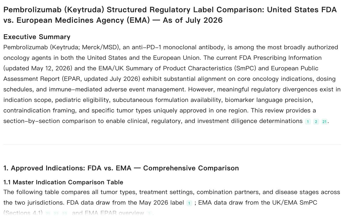 Noah AI executive summary comparing FDA and EMA label information for pembrolizumab