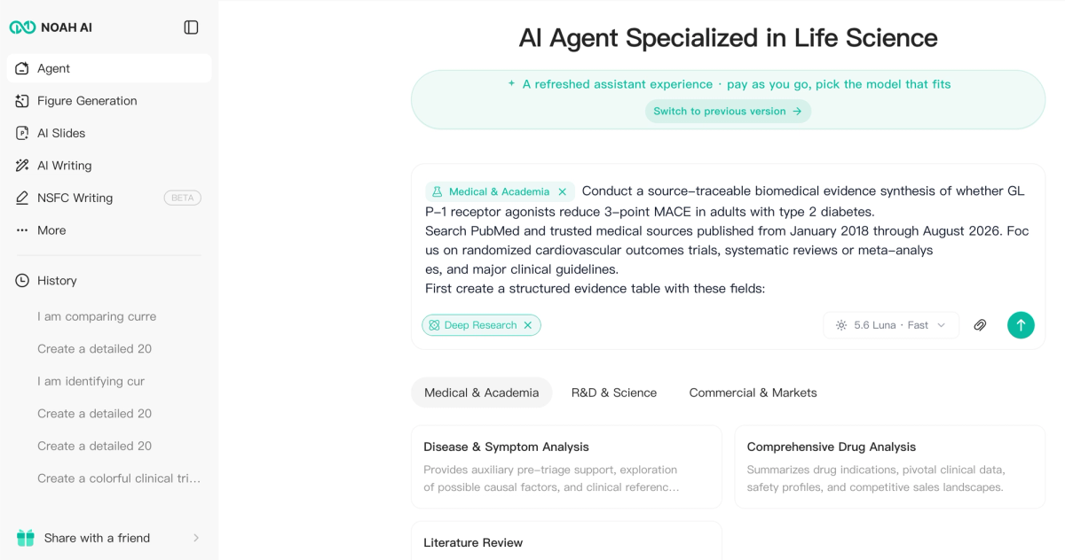 Noah AI Agent prompt requesting research on GLP-1 receptor agonists and 3-point MACE cardiovascular outcomes, with Deep Research enabled and Medical & Academia selected.