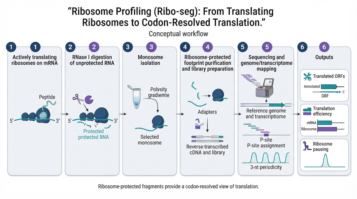 Completed six-stage ribosome profiling (Ribo-seq) conceptual workflow figure: translating ribosomes, RNase I digestion, monosome isolation, footprint library preparation, sequencing and mapping, and analysis outputs.