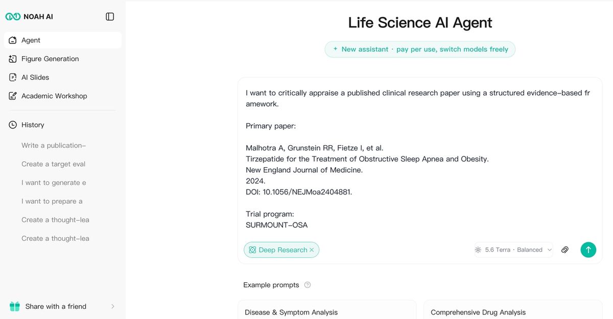 Entering the published SURMOUNT-OSA paper into Noah AI for structured critical appraisal.