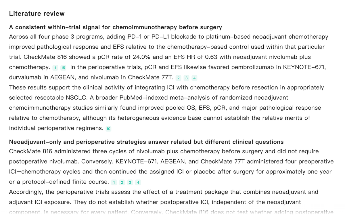 The Noah AI literature review moves from trial-level evidence into cross-paper synthesis while keeping the distinction between neoadjuvant-only and perioperative strategies explicit.