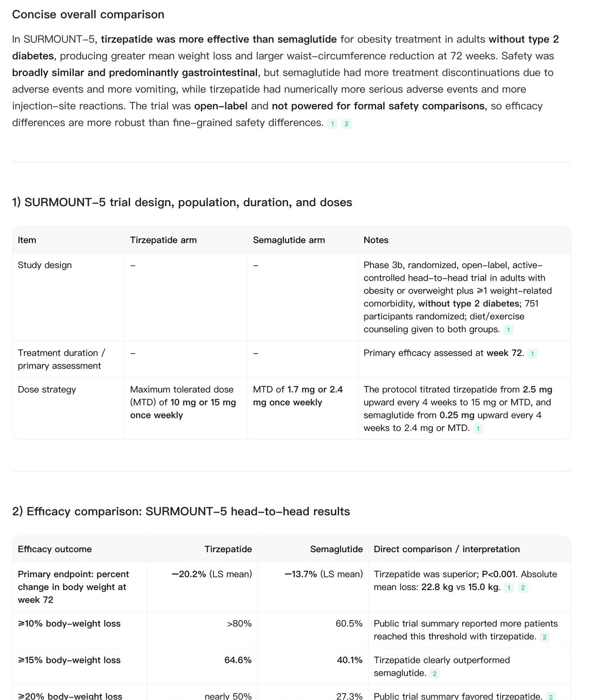 Noah AI summarizes the head-to-head efficacy and safety interpretation from SURMOUNT-5 and organizes trial design and efficacy outcomes into a cited comparison.