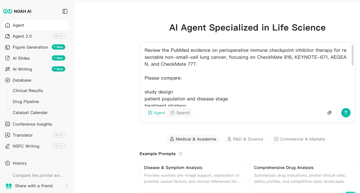 Noah AI Agent receives a focused PubMed literature-review task covering CheckMate 816, KEYNOTE-671, AEGEAN, and CheckMate 77T.