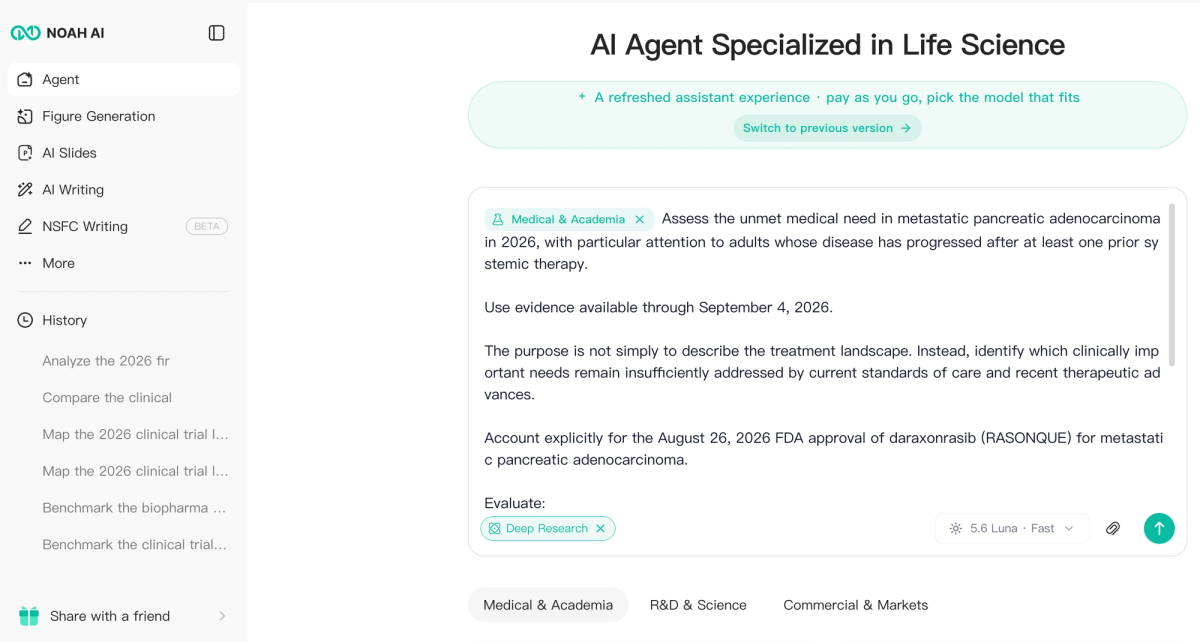 Figure 1. A focused unmet medical need question entered in Noah AI's updated Agent interface, with Medical & Academia and Deep Research selected.