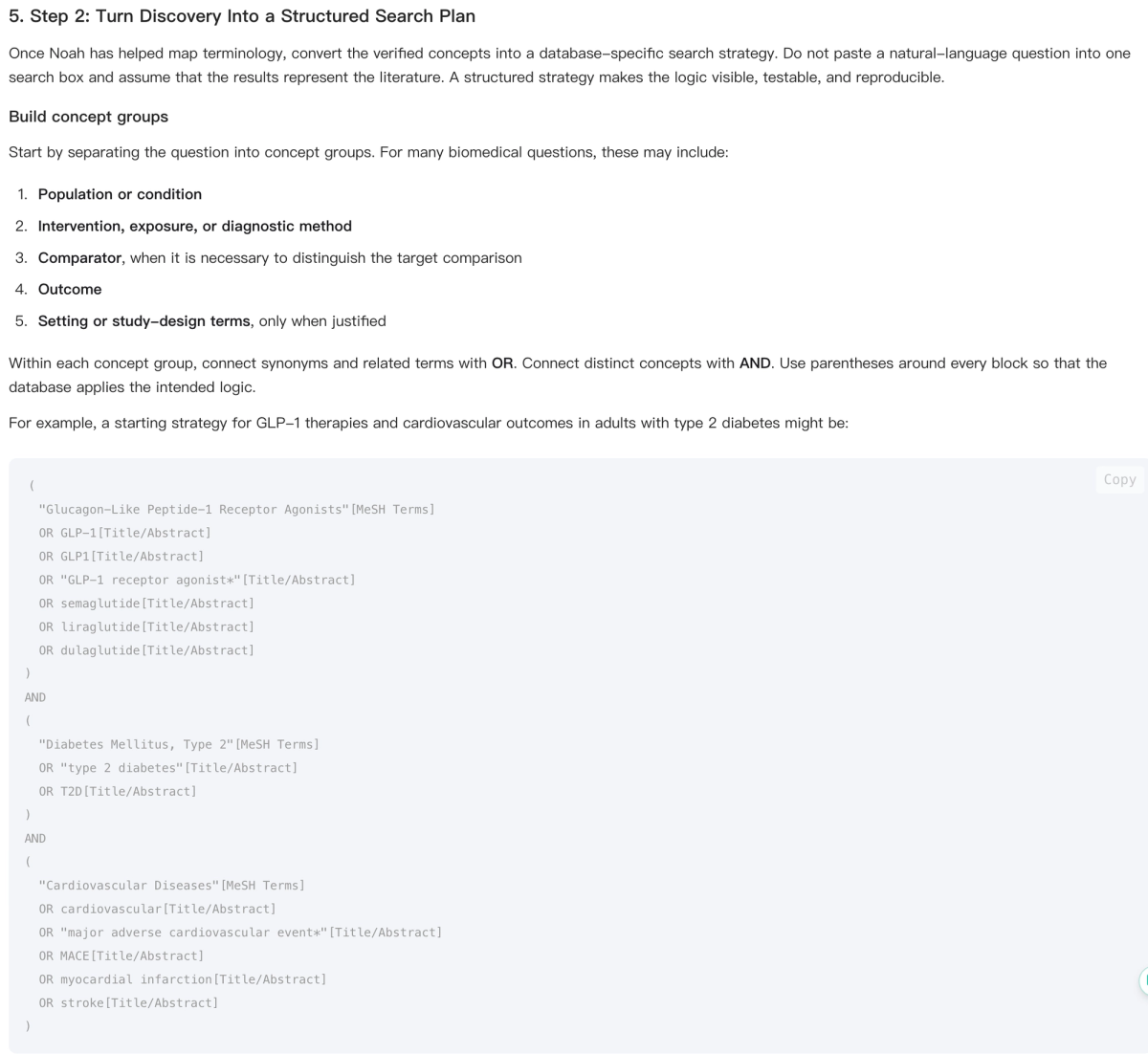 Noah AI generated PubMed search strategy for a biomedical literature review on GLP-1 receptor agonists and cardiovascular outcomes