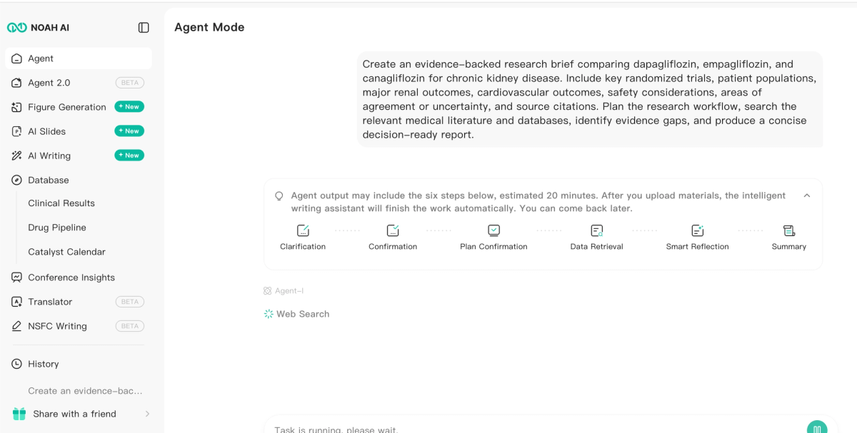 Noah AI planning and executing an automated medical research workflow
