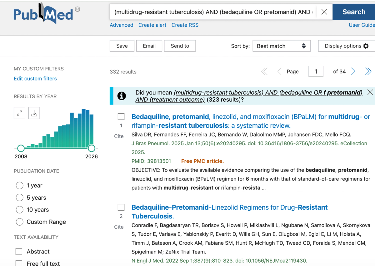 Side-by-side comparison right panel: PubMed search results for the MDR-TB query.