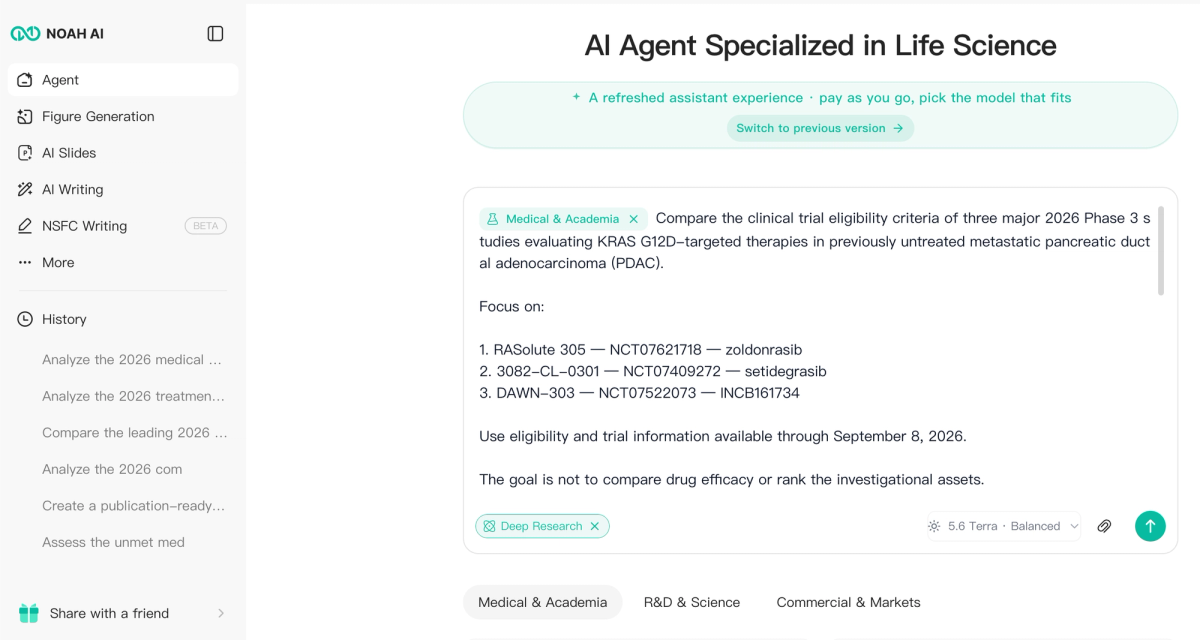 Figure 1. Noah AI Agent configured for a focused Phase 3 clinical trial eligibility criteria comparison.