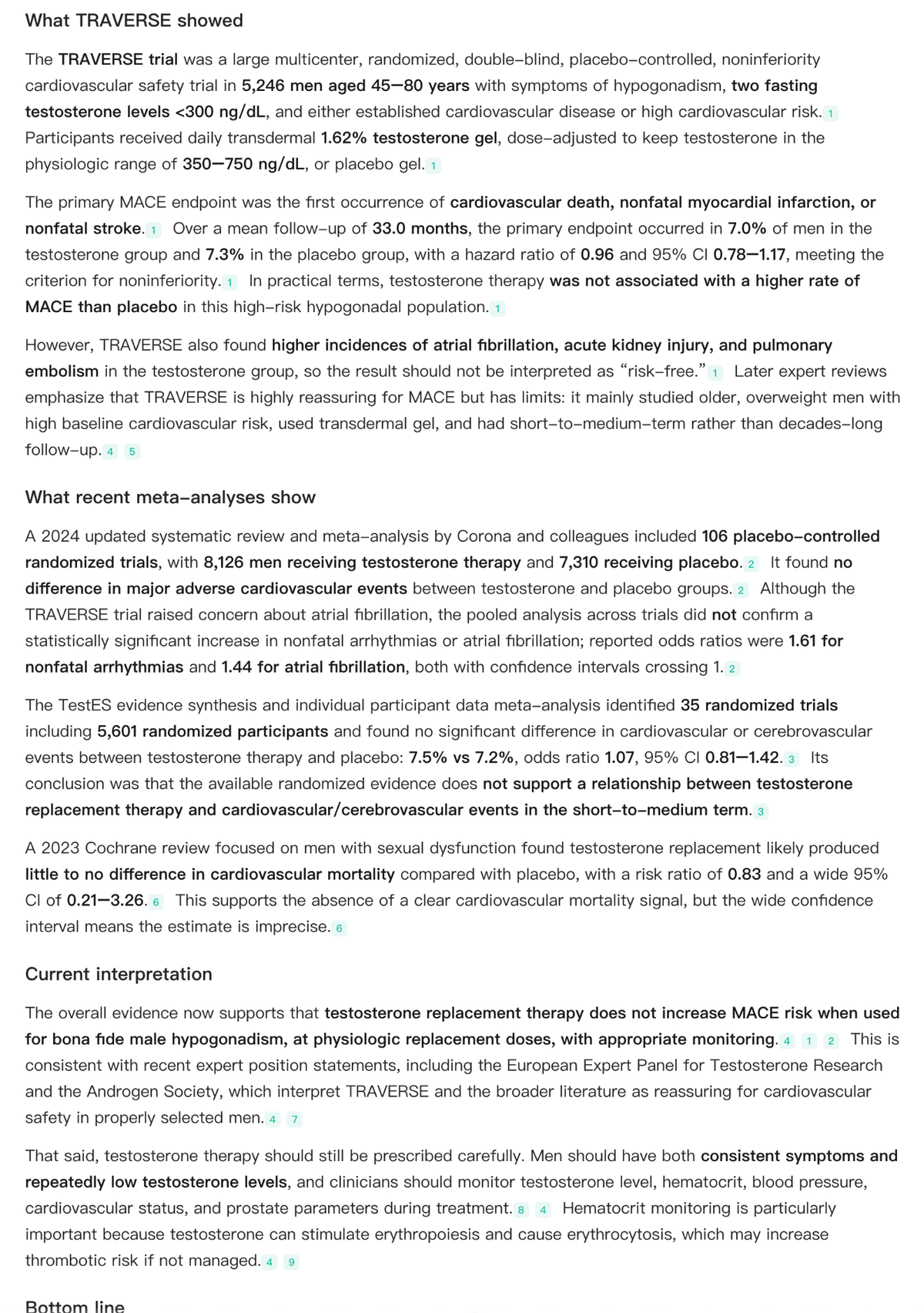 Figure 1. Noah AI evidence brief on testosterone replacement therapy and cardiovascular risk, showing TRAVERSE findings and recent meta-analysis evidence with inline citations.