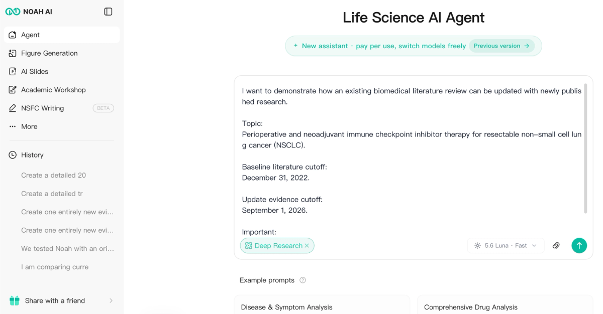 Noah AI Deep Research prompt for updating an existing biomedical literature review from a 2022 baseline to a 2026 evidence cutoff.