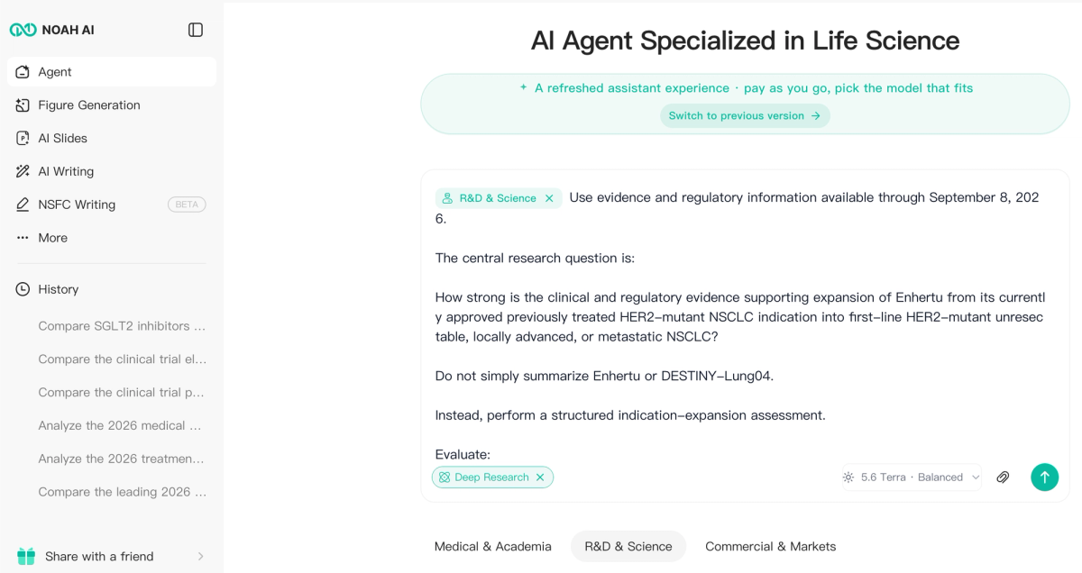 Figure 1. Noah AI Agent configured for an indication-expansion assessment using R&D & Science and Deep Research.