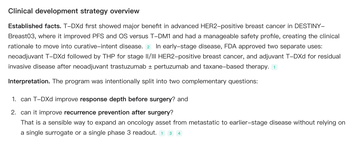 Noah AI separates established evidence from strategic interpretation and frames the early-stage T-DXd program around two complementary questions: response before surgery and recurrence prevention after surgery.