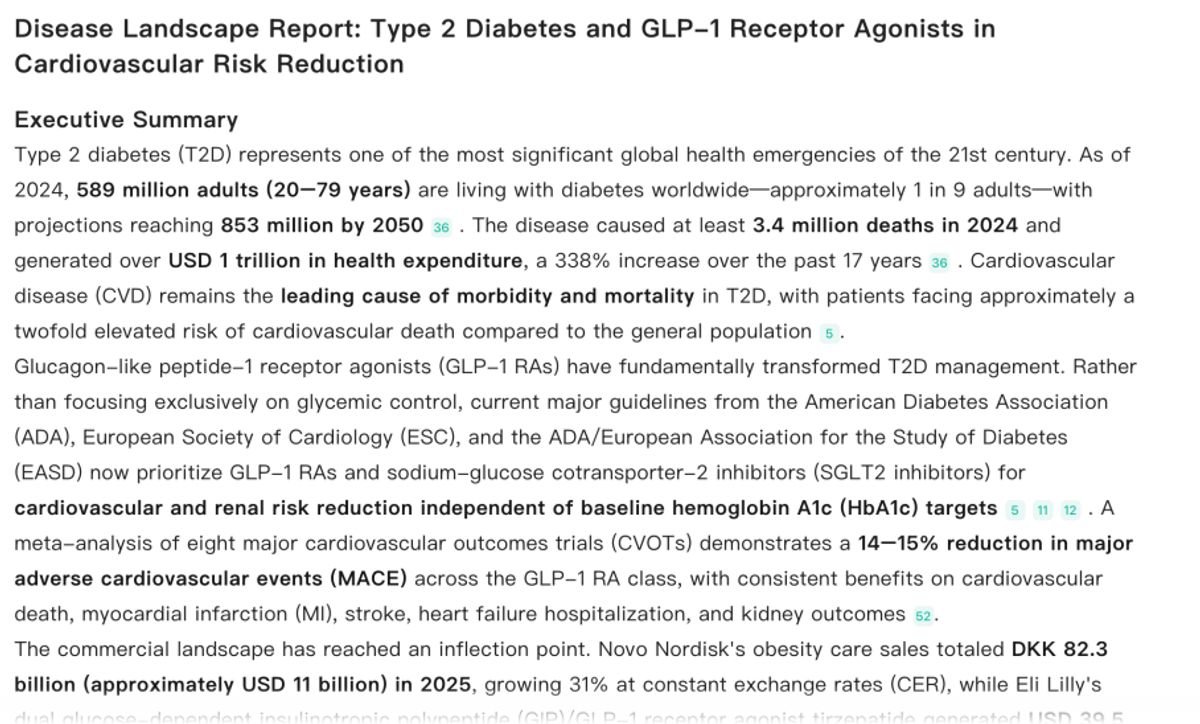 Noah AI disease landscape report with executive summary and cited evidence for type 2 diabetes and GLP-1 receptor agonists