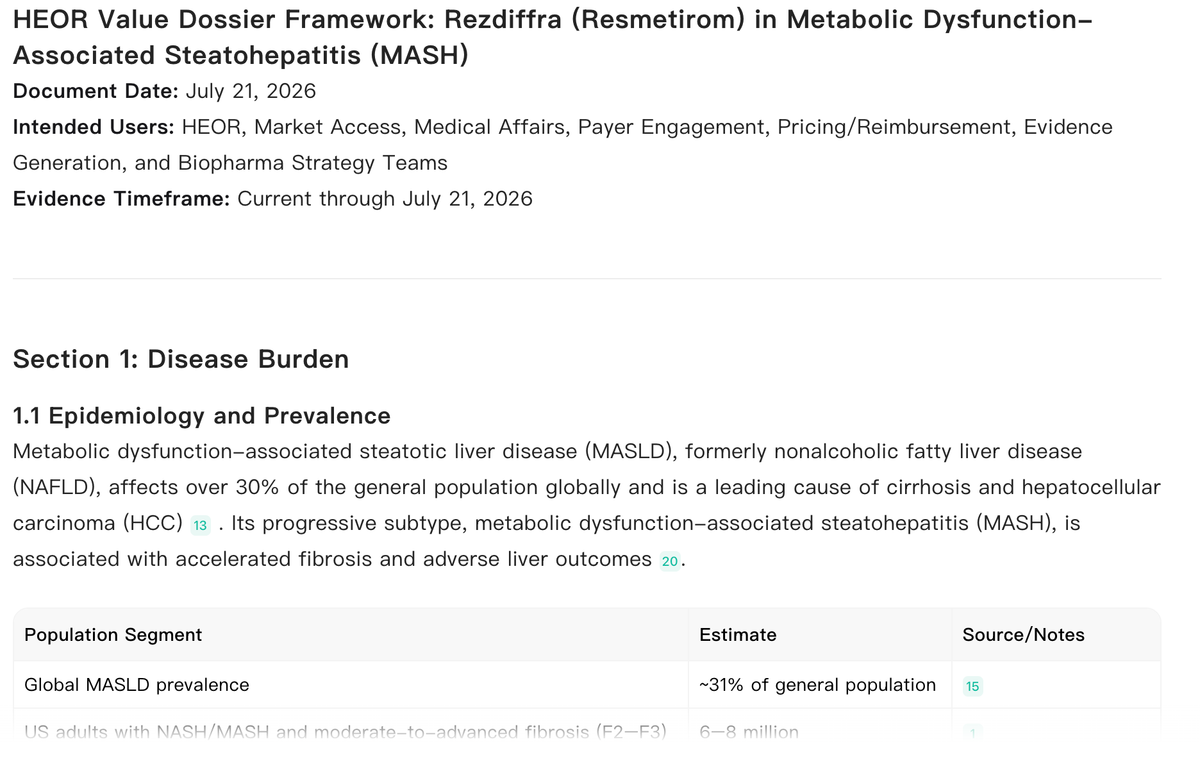 Noah AI generates a structured HEOR value dossier framework that organizes disease burden