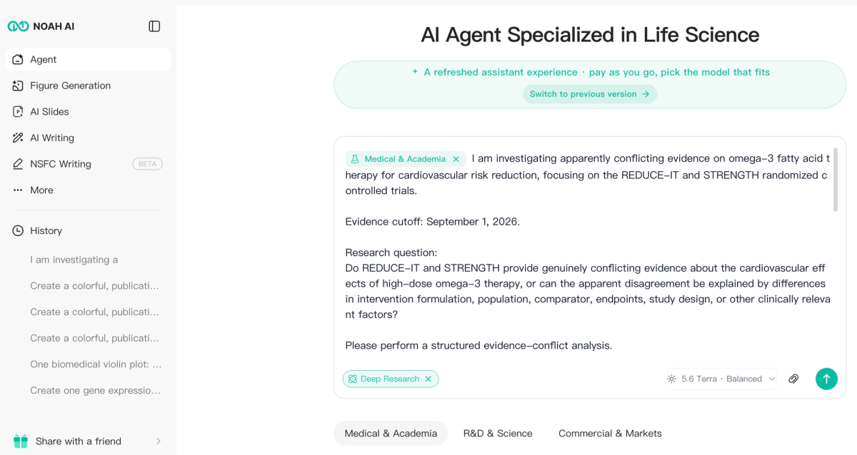 Noah AI Deep Research prompt for identifying conflicting evidence in medical literature