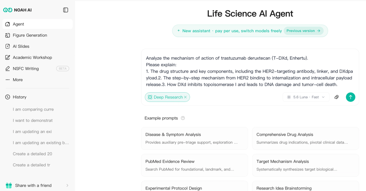 A drug mechanism-of-action research question entered into Noah AI.