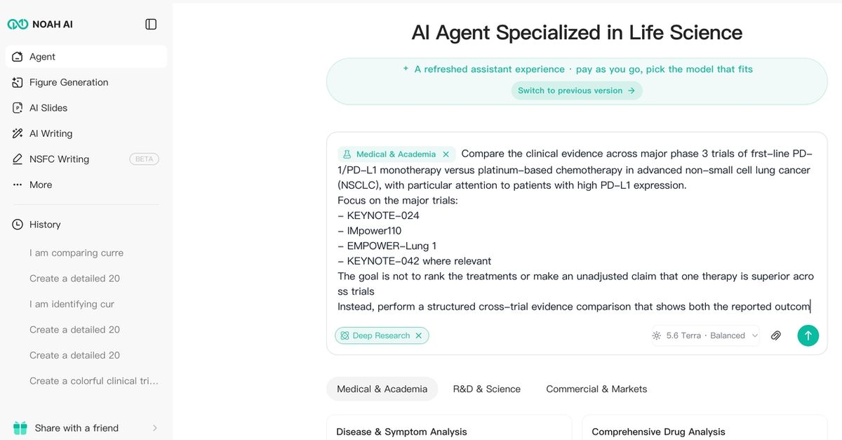 Figure 1. Noah AI's new Agent interface configured for a Deep Research cross-trial evidence comparison in advanced NSCLC.